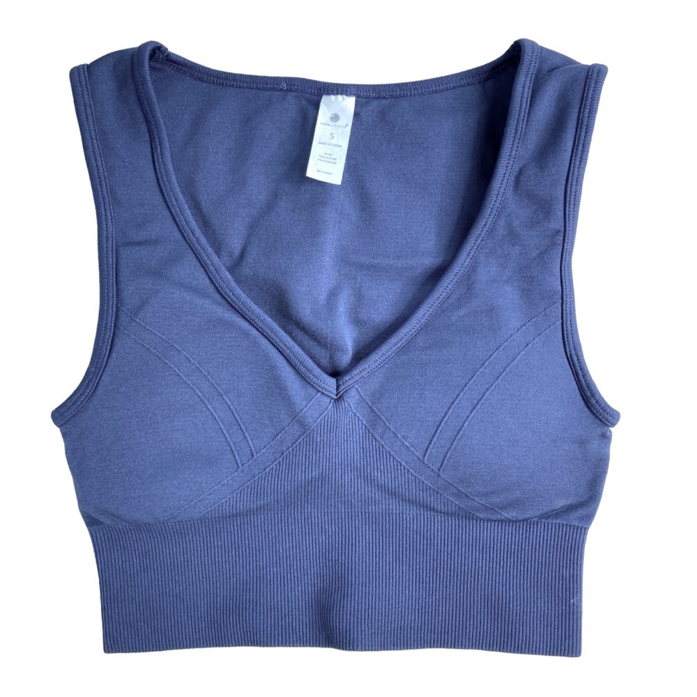 Yogalicious Seamless Peak Rib V-Neck Bra‎ Crop Top Navy Padded (Size S)